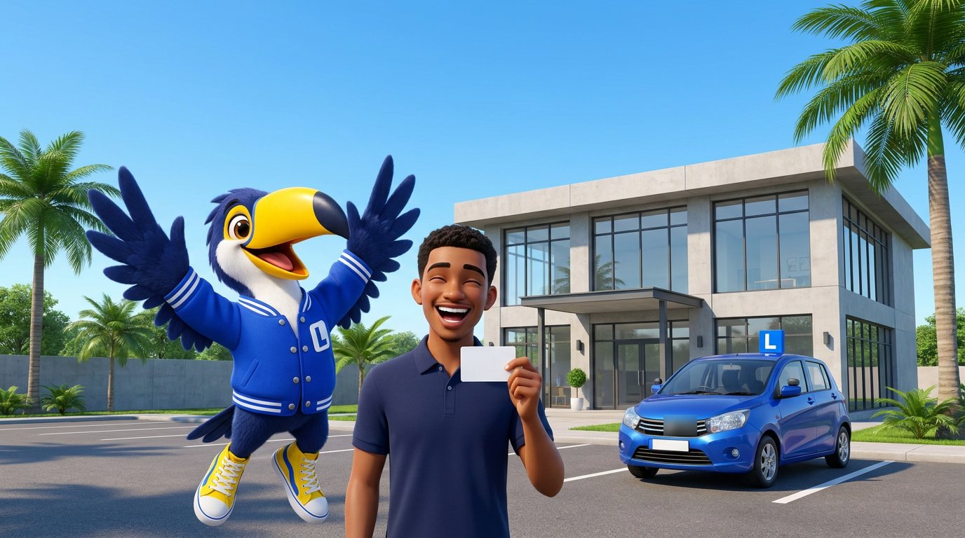 Geslaagde leerling met Koko bij een rijschool