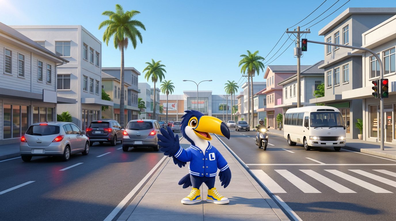 Koko zwaait op een moderne winkelstraat in Paramaribo