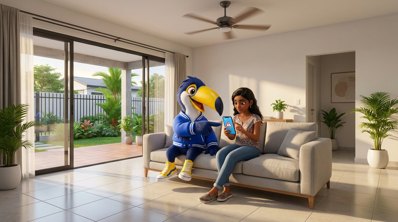 Leerling studeert thuis met Koko in een moderne woonkamer